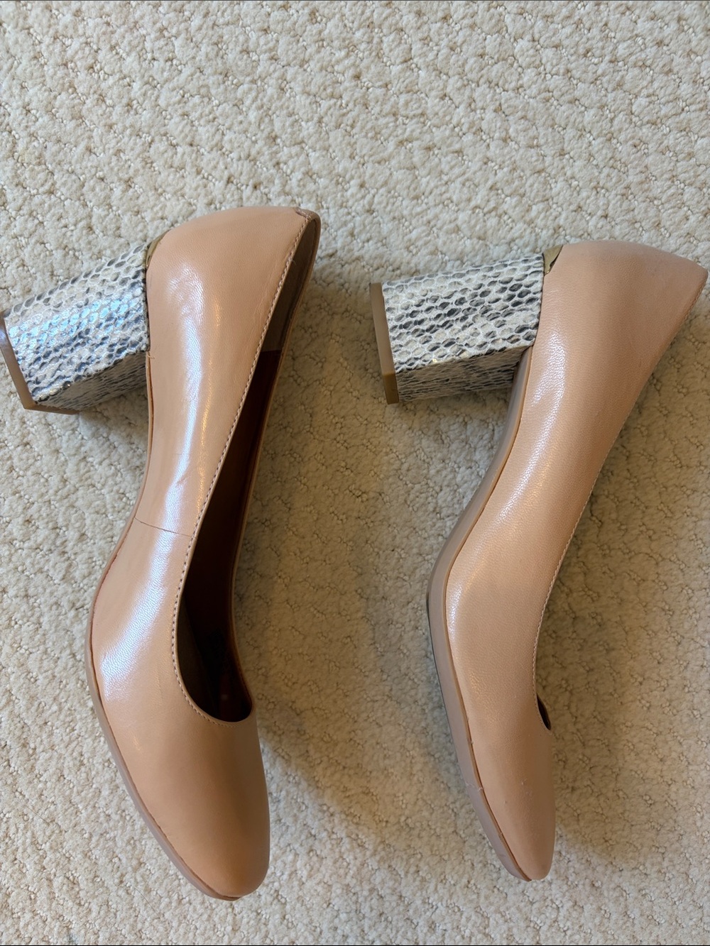 Calvin Klein Beige Block Heel Pumps with Snakeskin-Textured Heel